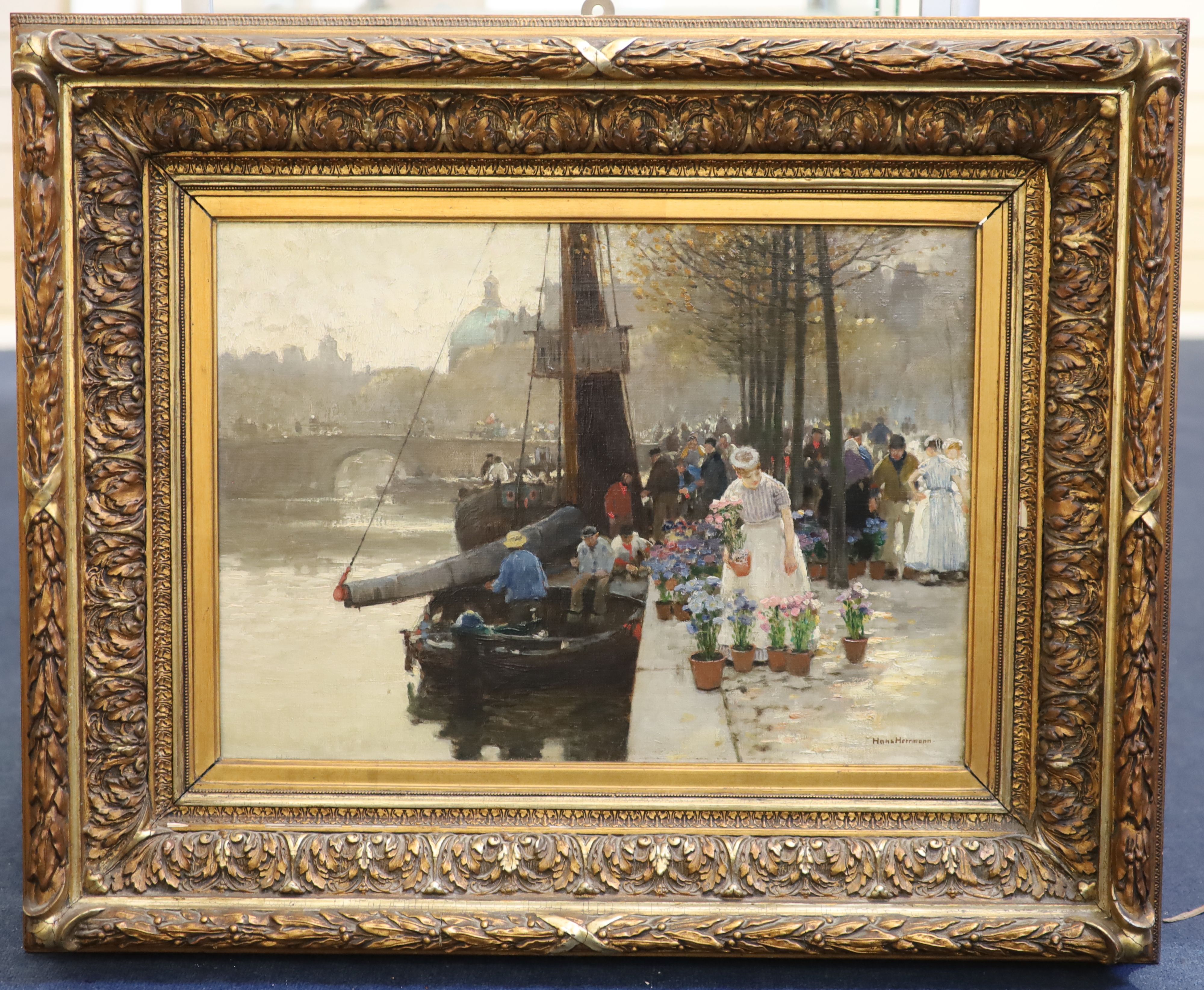 § Hans Hermann (1858-1942) Flower Market in Amsterdam 16 x 22.25in.